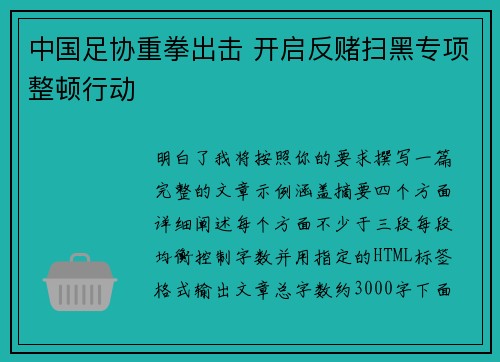 中国足协重拳出击 开启反赌扫黑专项整顿行动